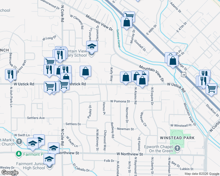 map of restaurants, bars, coffee shops, grocery stores, and more near 3117 Redway Road in Boise
