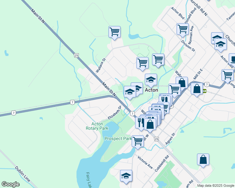 map of restaurants, bars, coffee shops, grocery stores, and more near 149 Main Street North in Acton