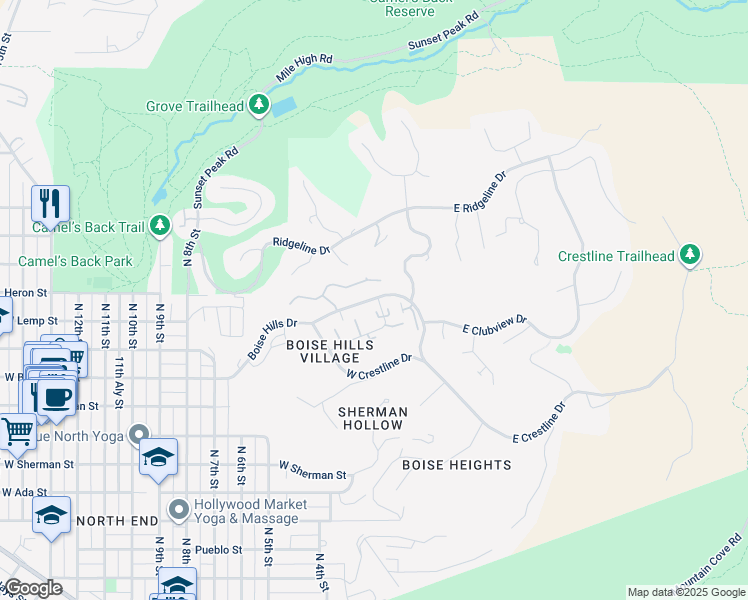 map of restaurants, bars, coffee shops, grocery stores, and more near 267 West Groveview Lane in Boise