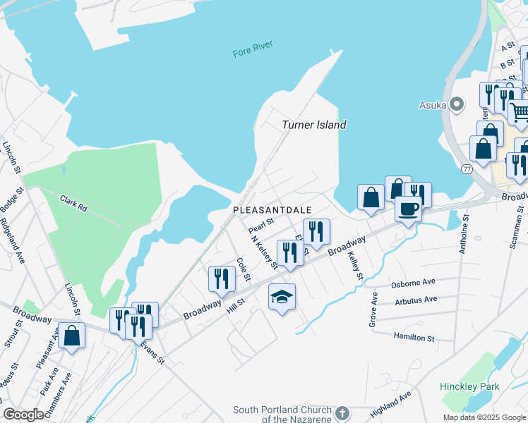 map of restaurants, bars, coffee shops, grocery stores, and more near 68 Chestnut Street in South Portland
