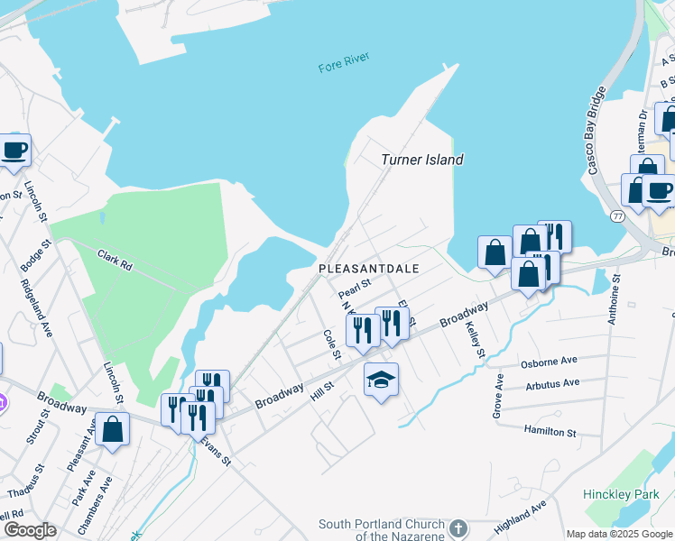 map of restaurants, bars, coffee shops, grocery stores, and more near 68 Chestnut Street in South Portland
