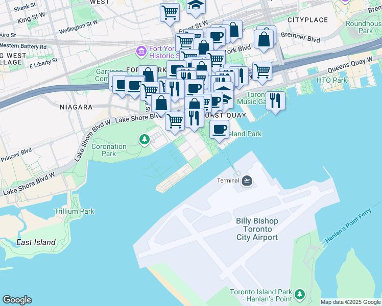 map of restaurants, bars, coffee shops, grocery stores, and more near in Toronto