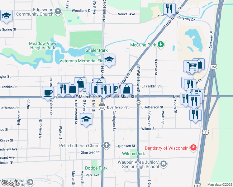 map of restaurants, bars, coffee shops, grocery stores, and more near 8 Fond Du Lac Street in Waupun