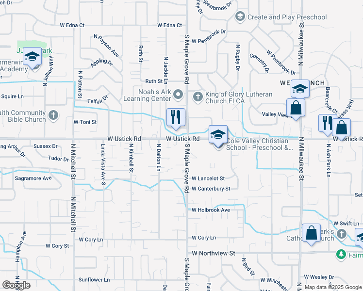 map of restaurants, bars, coffee shops, grocery stores, and more near 9025 West Ustick Road in Boise