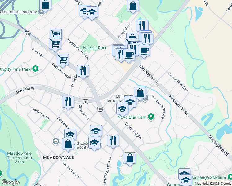 map of restaurants, bars, coffee shops, grocery stores, and more near 6970 Tassel Crescent in Mississauga