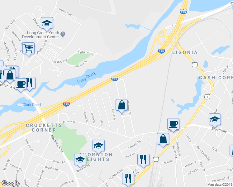 map of restaurants, bars, coffee shops, grocery stores, and more near 41 Brigham Street in South Portland