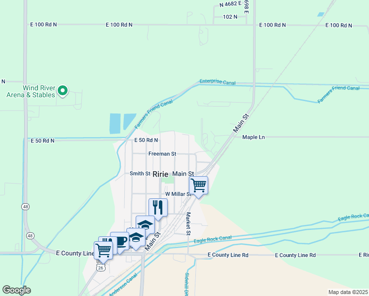 map of restaurants, bars, coffee shops, grocery stores, and more near 624 2nd East Street in Ririe
