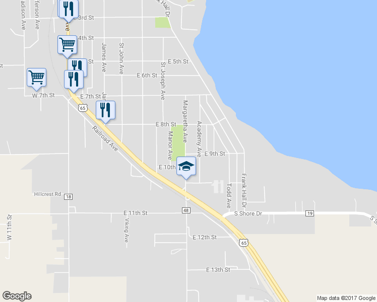 map of restaurants, bars, coffee shops, grocery stores, and more near 1443 Margaretha Avenue in Albert Lea