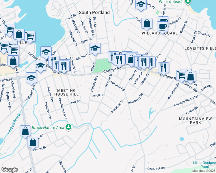 map of restaurants, bars, coffee shops, grocery stores, and more near 534 Sawyer Street in South Portland