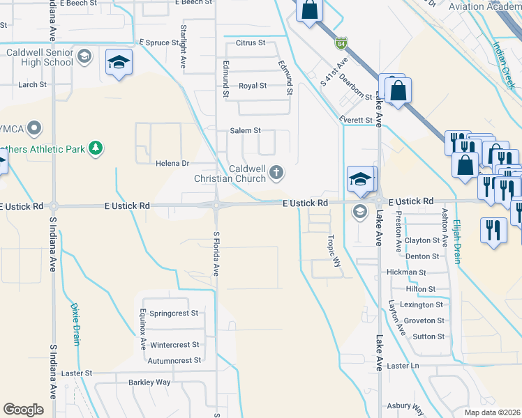 map of restaurants, bars, coffee shops, grocery stores, and more near 3102 East Ustick Road in Caldwell