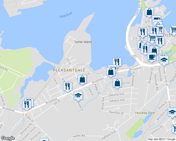 map of restaurants, bars, coffee shops, grocery stores, and more near 10 Chapel Street in South Portland