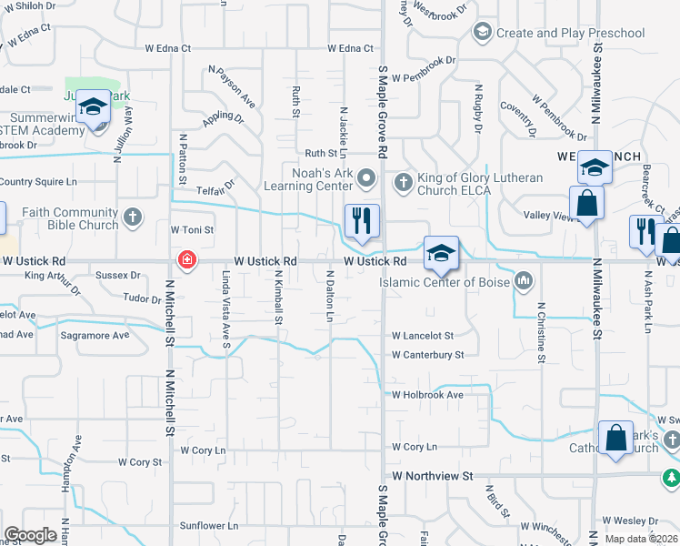 map of restaurants, bars, coffee shops, grocery stores, and more near 9151 West Ustick Road in Boise