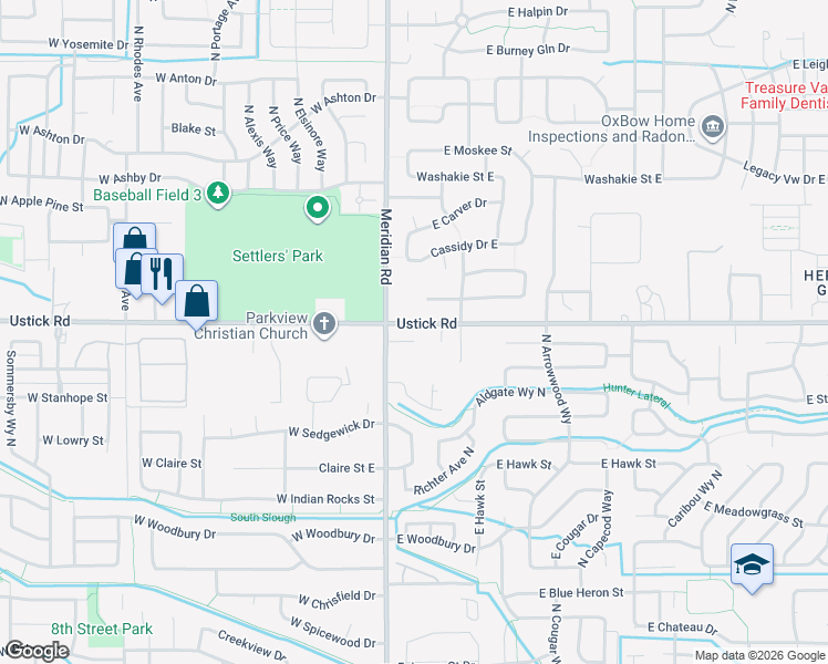 map of restaurants, bars, coffee shops, grocery stores, and more near 156 East Eastbrook Court in Meridian