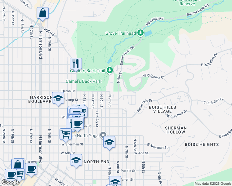 map of restaurants, bars, coffee shops, grocery stores, and more near 2117 North 8th Street in Boise