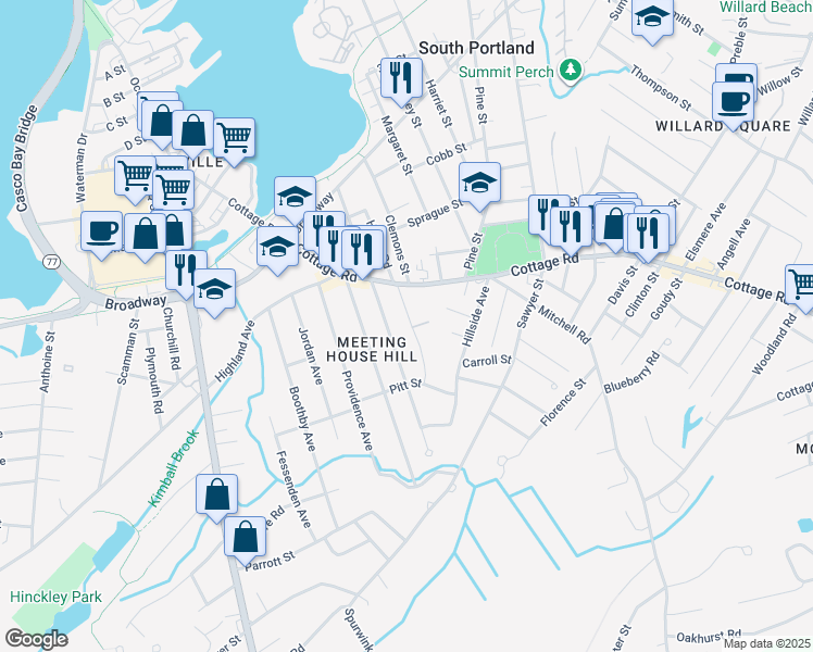 map of restaurants, bars, coffee shops, grocery stores, and more near 35 O'Neil Street in South Portland