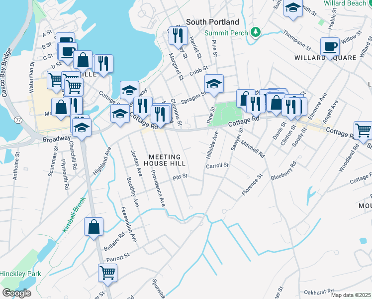 map of restaurants, bars, coffee shops, grocery stores, and more near 35 O'Neil Street in South Portland