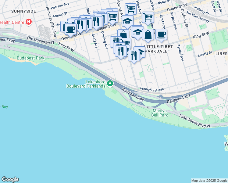 map of restaurants, bars, coffee shops, grocery stores, and more near 1275 Lake Shore Boulevard West in Toronto