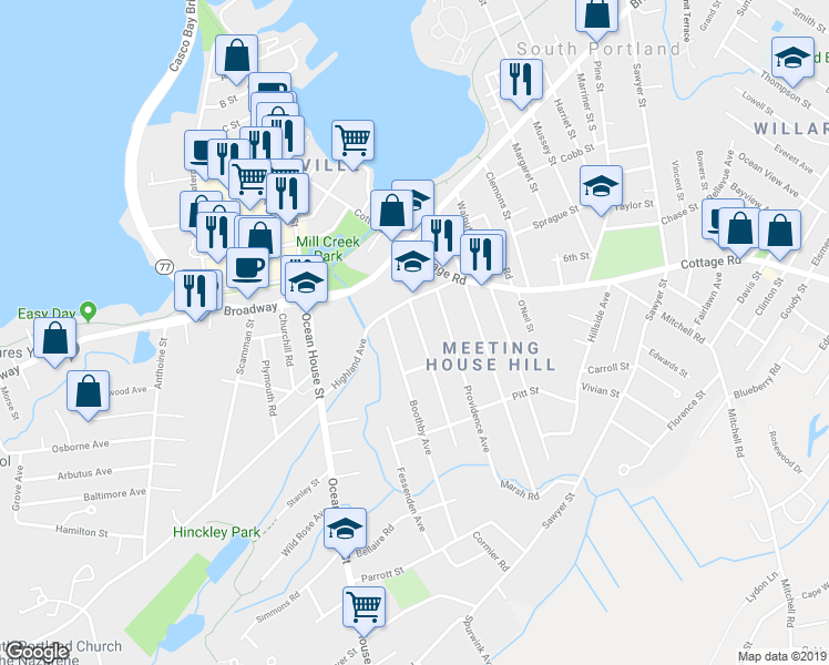 map of restaurants, bars, coffee shops, grocery stores, and more near 25 Jordan Avenue in South Portland