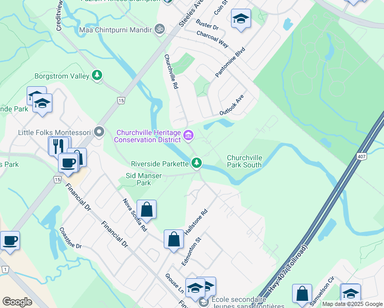 map of restaurants, bars, coffee shops, grocery stores, and more near 7746 Churchville Road in Brampton