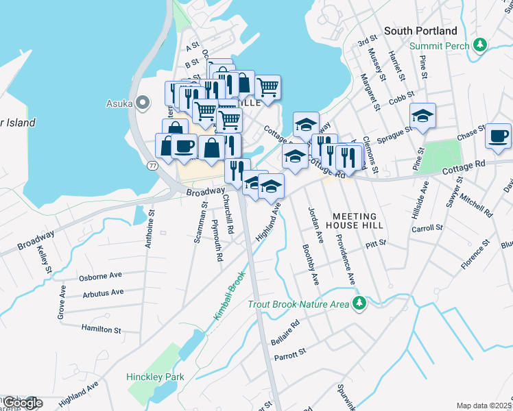 map of restaurants, bars, coffee shops, grocery stores, and more near 240 Ocean Street in South Portland