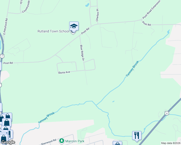 map of restaurants, bars, coffee shops, grocery stores, and more near 46 Linda Drive in Rutland