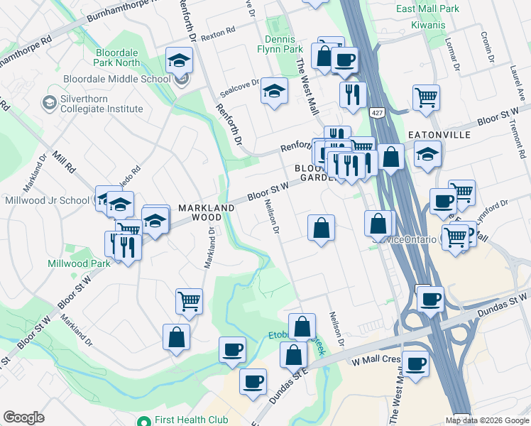 map of restaurants, bars, coffee shops, grocery stores, and more near 114 Neilson Drive in Toronto