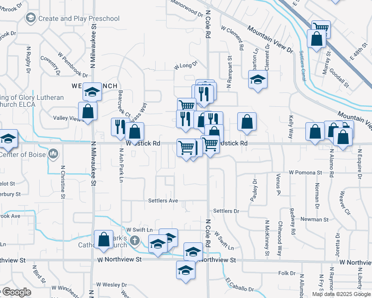map of restaurants, bars, coffee shops, grocery stores, and more near 7557 West Ustick Road in Boise