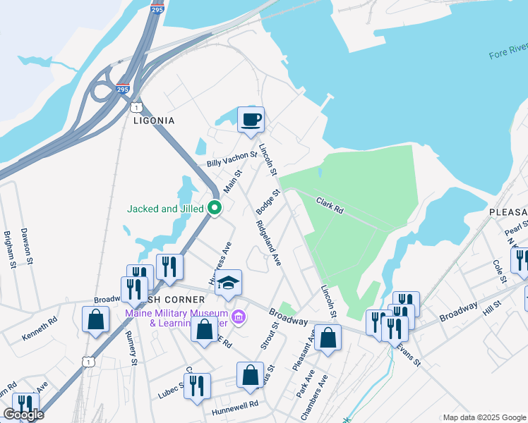 map of restaurants, bars, coffee shops, grocery stores, and more near 36 Bodge Street in South Portland