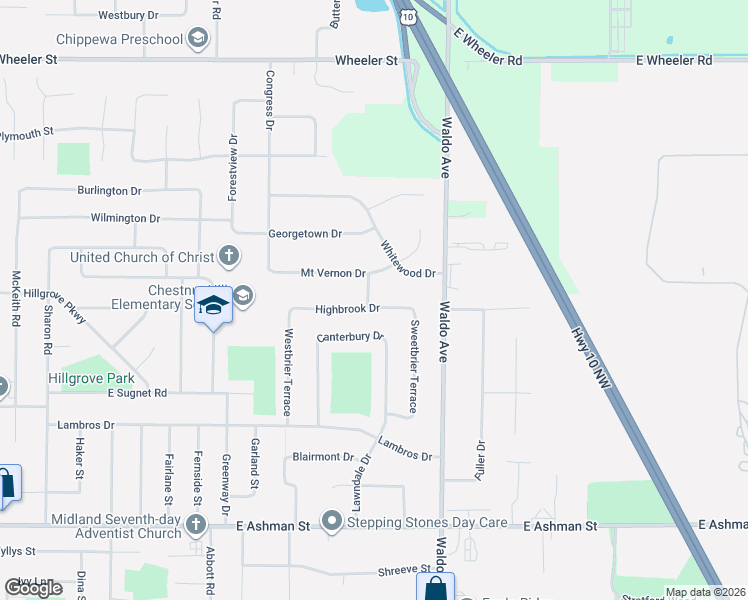 map of restaurants, bars, coffee shops, grocery stores, and more near 3009 Highbrook Drive in Midland