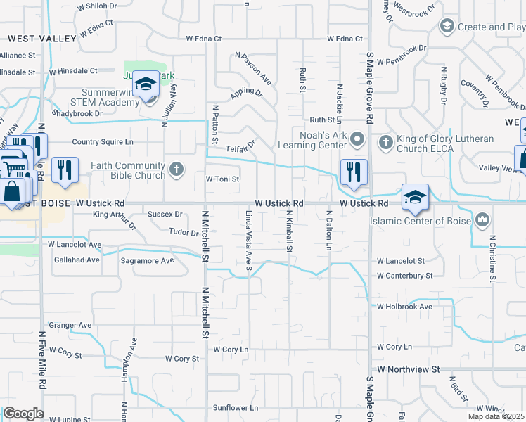 map of restaurants, bars, coffee shops, grocery stores, and more near 9545 West Ustick Road in Boise