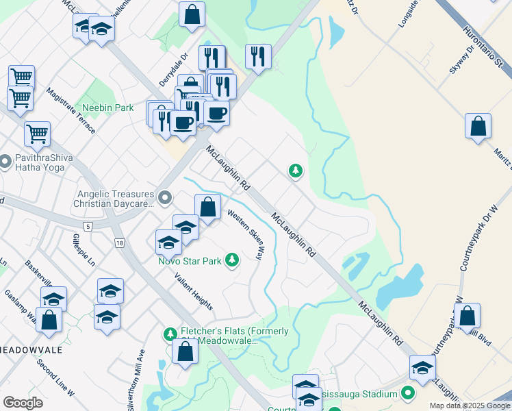 map of restaurants, bars, coffee shops, grocery stores, and more near 520 Novo Star Drive in Mississauga