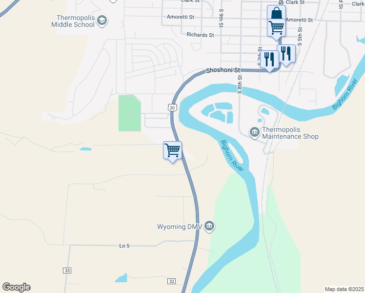 map of restaurants, bars, coffee shops, grocery stores, and more near 131-135 Wyoming 789 in Thermopolis