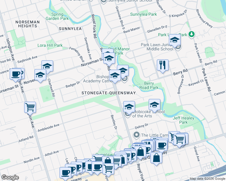 map of restaurants, bars, coffee shops, grocery stores, and more near in Toronto