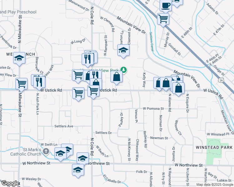 map of restaurants, bars, coffee shops, grocery stores, and more near 7119 West Ustick Road in Boise