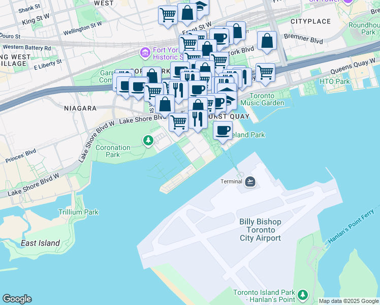 map of restaurants, bars, coffee shops, grocery stores, and more near 32 Stadium Road in Toronto