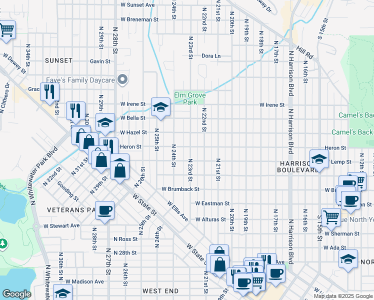 map of restaurants, bars, coffee shops, grocery stores, and more near 1419 North 23rd Street in Boise