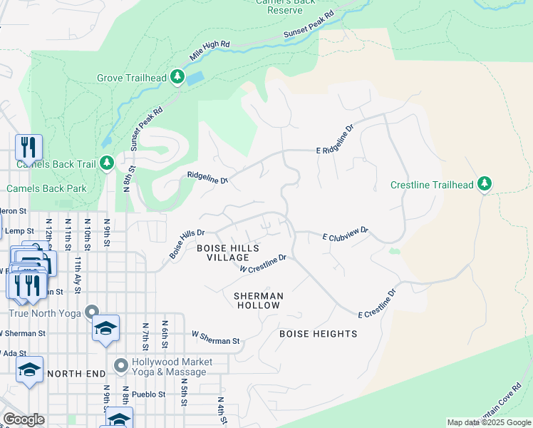 map of restaurants, bars, coffee shops, grocery stores, and more near 410 Village Lane in Boise