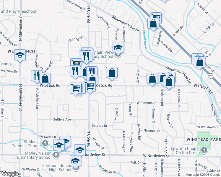 map of restaurants, bars, coffee shops, grocery stores, and more near 7119 West Ustick Road in Boise