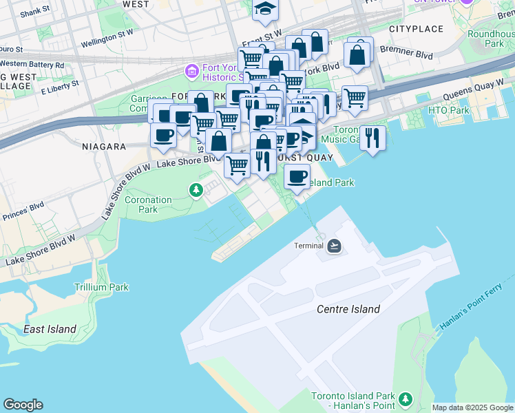 map of restaurants, bars, coffee shops, grocery stores, and more near in Toronto