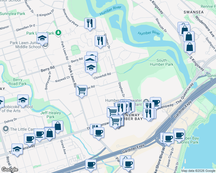 map of restaurants, bars, coffee shops, grocery stores, and more near in Toronto