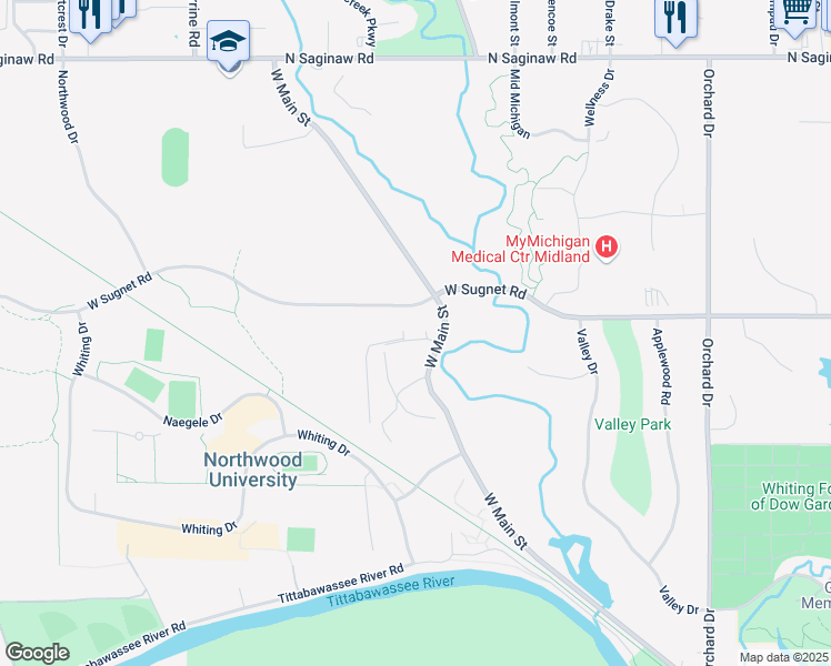 map of restaurants, bars, coffee shops, grocery stores, and more near 3404 North Bent Oak Drive in Midland