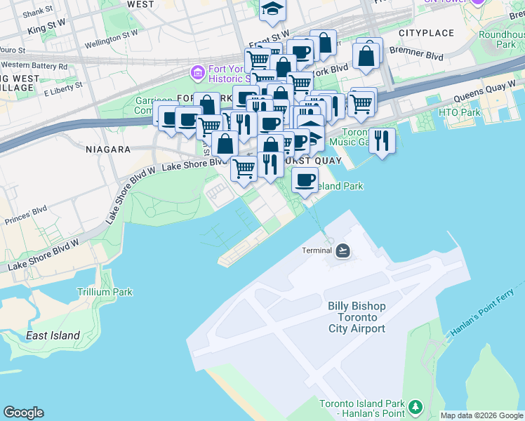 map of restaurants, bars, coffee shops, grocery stores, and more near 32 Stadium Road in Toronto