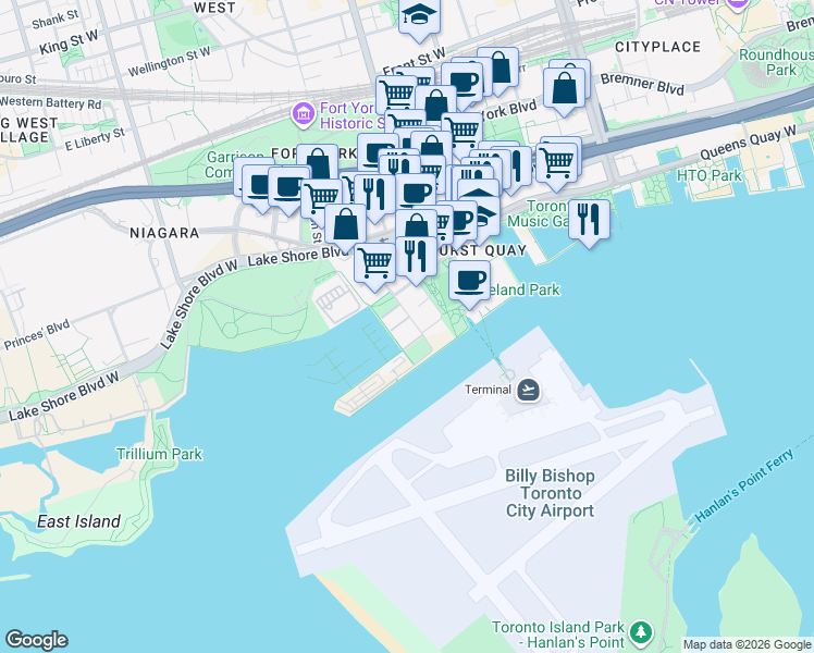 map of restaurants, bars, coffee shops, grocery stores, and more near in Toronto