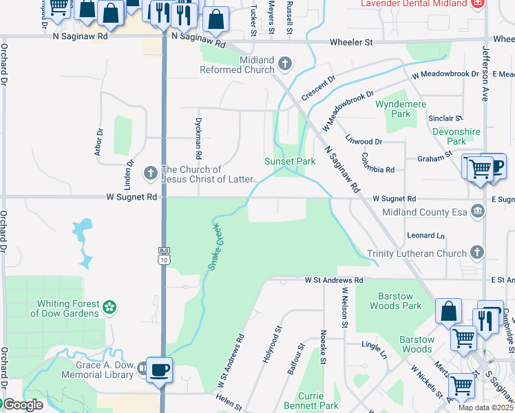 map of restaurants, bars, coffee shops, grocery stores, and more near 1227 West Sugnet Road in Midland