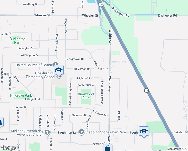 map of restaurants, bars, coffee shops, grocery stores, and more near 3009 Highbrook Drive in Midland