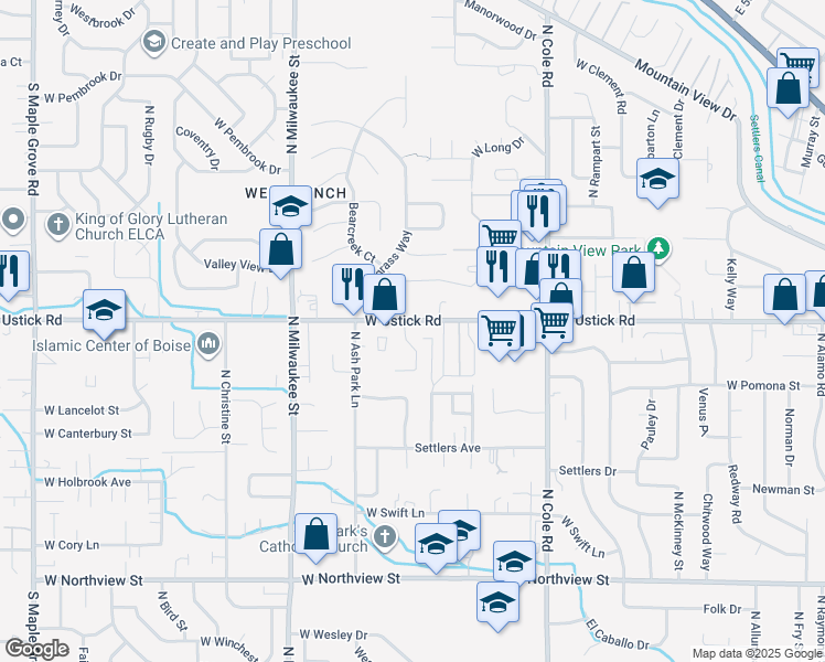 map of restaurants, bars, coffee shops, grocery stores, and more near 7805 Ustick Road in Boise