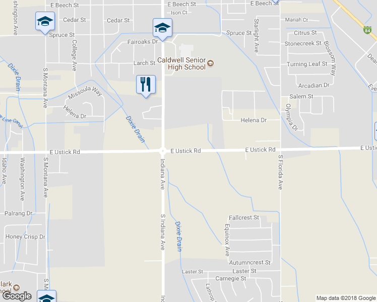 map of restaurants, bars, coffee shops, grocery stores, and more near 2402 East Ustick Road in Caldwell