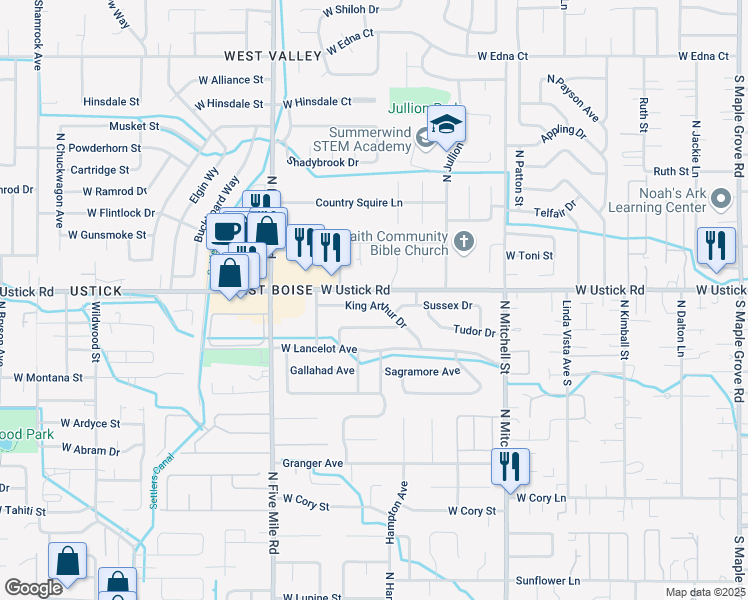 map of restaurants, bars, coffee shops, grocery stores, and more near 10270 King Arthur Drive in Boise