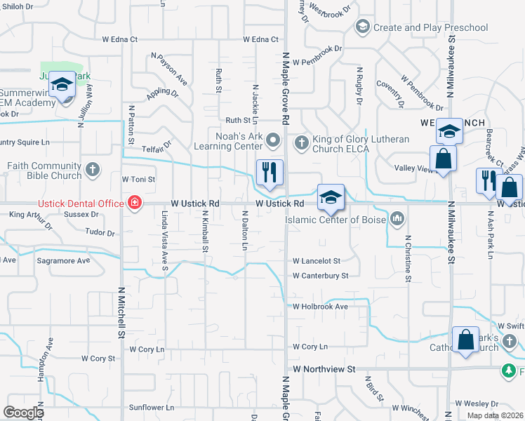 map of restaurants, bars, coffee shops, grocery stores, and more near 9025 West Ustick Road in Boise