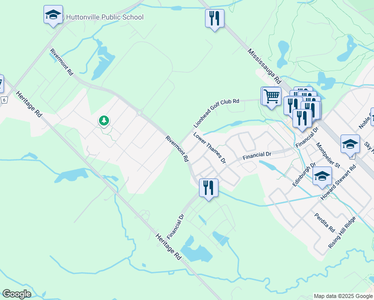 map of restaurants, bars, coffee shops, grocery stores, and more near 445 Rivermont Road in Brampton